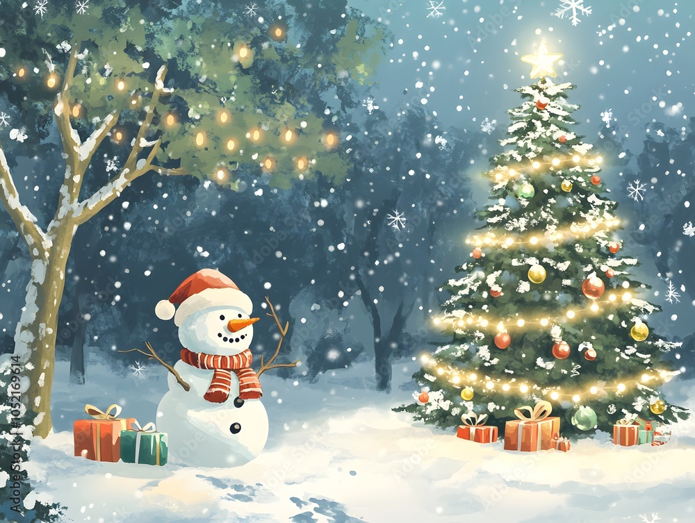 Fototapeta premium christmas tree with snowman 3