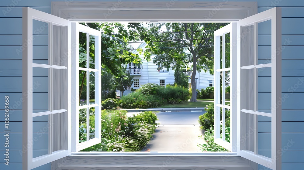 Open window in a white house with blue walls, view of green garden and street, white wooden frame, daylight, photo realistic. Open window in a white house with blue walls, view of green garden and street, white wooden frame, daylight, photo realistic.