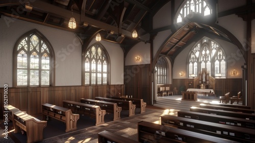 Tudor-style church interior with dark wood paneling, arched windows, cozy congregation area, inviting ambiance, rich historical architecture, warm community setting