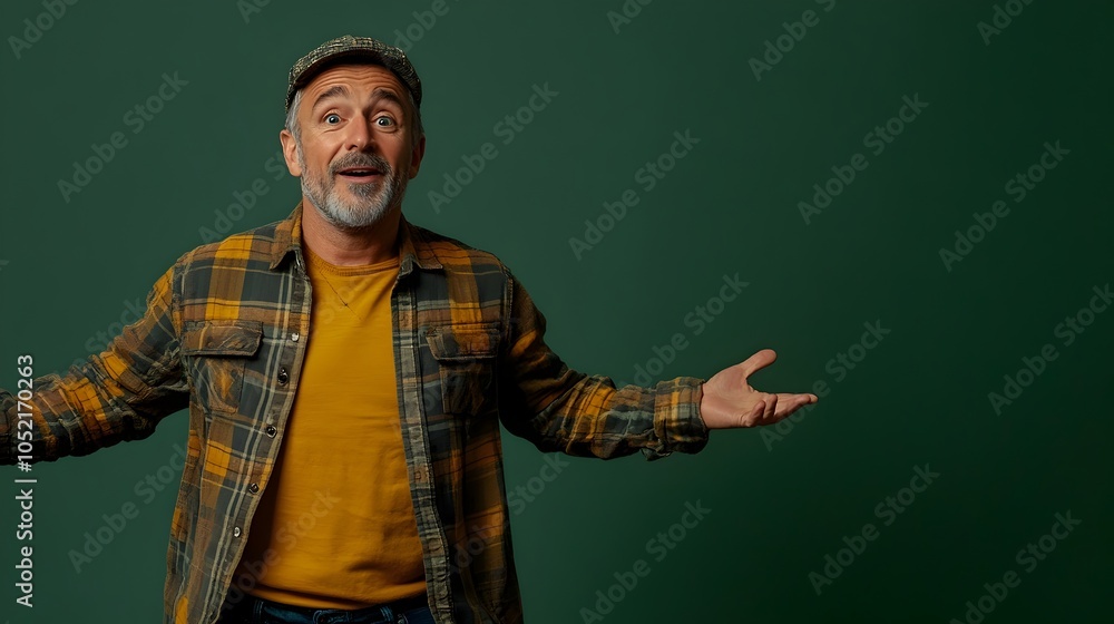 A portrait shot of a middle aged man with a playful and quirky expression dressed in a casual colorful ensemble against a plain studio backdrop with studio lighting A portrait shot of a middle aged man with a playful and quirky expression dressed in a casual colorful ensemble against a plain studio backdrop with studio lighting