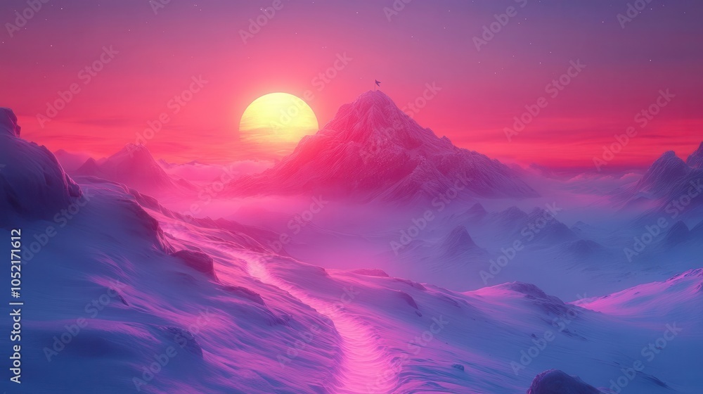 Fototapeta premium glowing pathway winding up a vibrant mountain landscape, leading to a peak with a fluttering flag symbolizing achievement. soft sunrise light illuminates the scene, creating a hopeful atmosphere