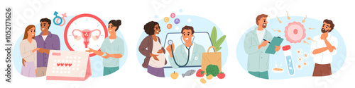 Pregnancy planning scenes. Gynecologist visit. Conception and fertilization. Reproductive function. Women health. Parents couple at appointment with doctor. Garish vector concepts set