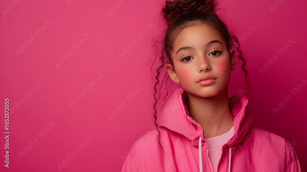 Portrait of a young apprehensive Latin American teenage girl dressed in a fashionable streetwear ensemble posing against a plain magenta colored studio background with copy space above the subject Portrait of a young apprehensive Latin American teenage girl dressed in a fashionable streetwear ensemble posing against a plain magenta colored studio background with copy space above the subject