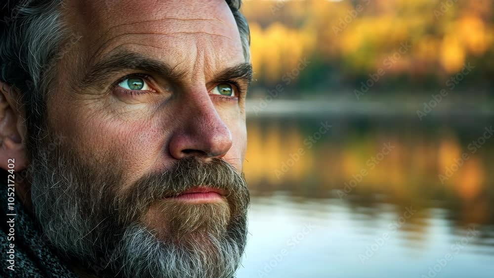 A man with a salt and pepper beard looks out at a lake in the fall A man with a salt and pepper beard looks out at a lake in the fall