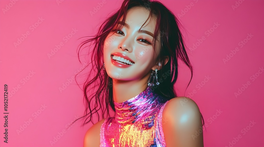 Vibrant Portrait of a Joyful South Korean Pop Star Dressed in an Shimmering Holographic Bodysuit Posing with Energy and Confidence Against a Striking Fuchsia Pink Studio Background Vibrant Portrait of a Joyful South Korean Pop Star Dressed in an Shimmering Holographic Bodysuit Posing with Energy and Confidence Against a Striking Fuchsia Pink Studio Background
