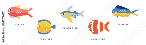 Different Fish Flat Icon with Name Vector Set