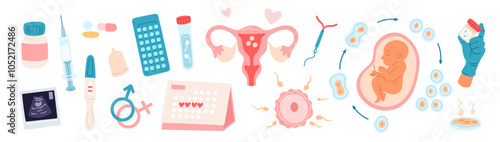People fertility. Artificial insemination. Child conception. Gynecology and obstetrics elements. Reproductive function. Prenatal examining. Ultrasonic diagnostics. Garish vector set
