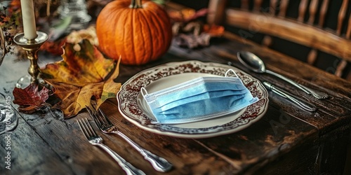 A Thanksgiving table with a mask placed next to the plate and silverware, emphasizing pandemic safety during the holiday.