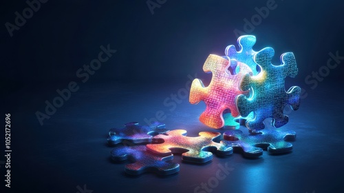 Creative digital round puzzle educational hologram on dark blue background. Microlearning and gamification concept. 3D Rendering