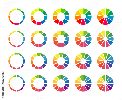 Donut charts, pies segmented on 9, 10, 11, 12 equal parts. Wheels divided in sections. Set of infographic multicoloured diagrams. Circle section minimalist graph. Pizza chart round icons. Loading bar.