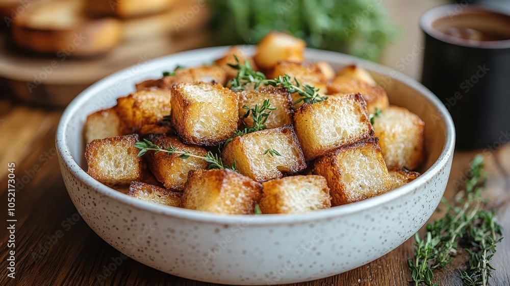 golden brown cubed bread pieces gently fill a white bowl, their textures inviting and warm, elegantly displayed on a rustic wooden table, capturing the essence of comfort food golden brown cubed bread pieces gently fill a white bowl, their textures inviting and warm, elegantly displayed on a rustic wooden table, capturing the essence of comfort food