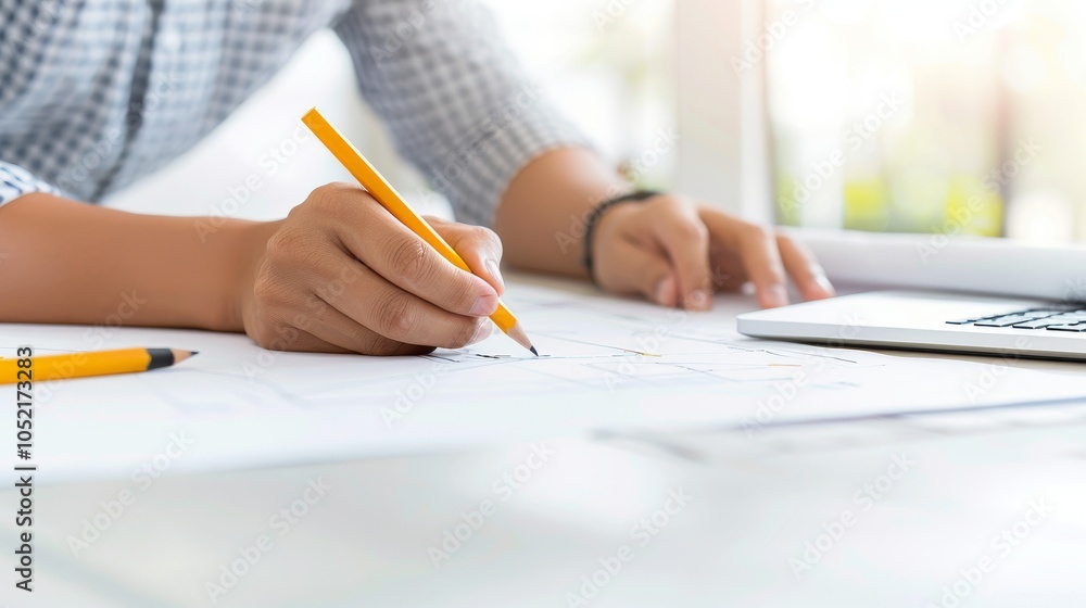 Close-up of person sketching architectural design on desk with laptop and pencil. Close-up of person sketching architectural design on desk with laptop and pencil.