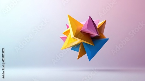 Colorful geometric shapes in dynamic arrangement, white background.