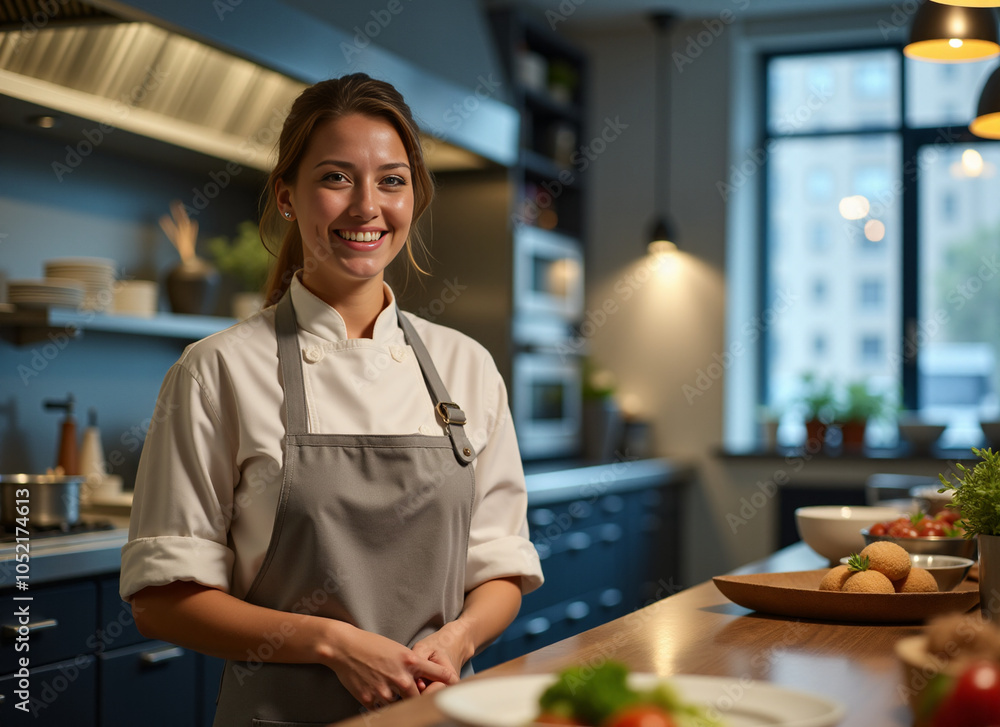 Fototapeta premium modern restaurant, kitchen, female chef, standing, smiling, food, work