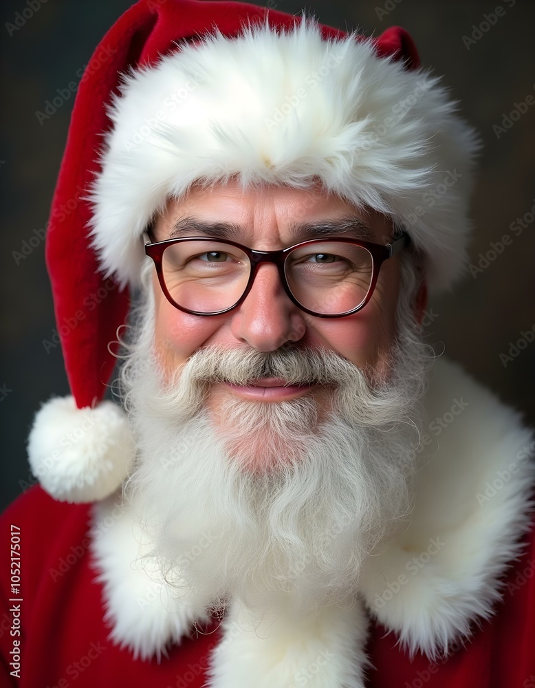 Naklejka premium Santa sitting in soft chair on photozone in the mall with Christmas tree on backgrounds also a lot of blurred lights and gifts around
