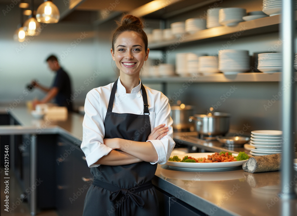 Fototapeta premium modern restaurant, kitchen, female chef, standing, smiling, food