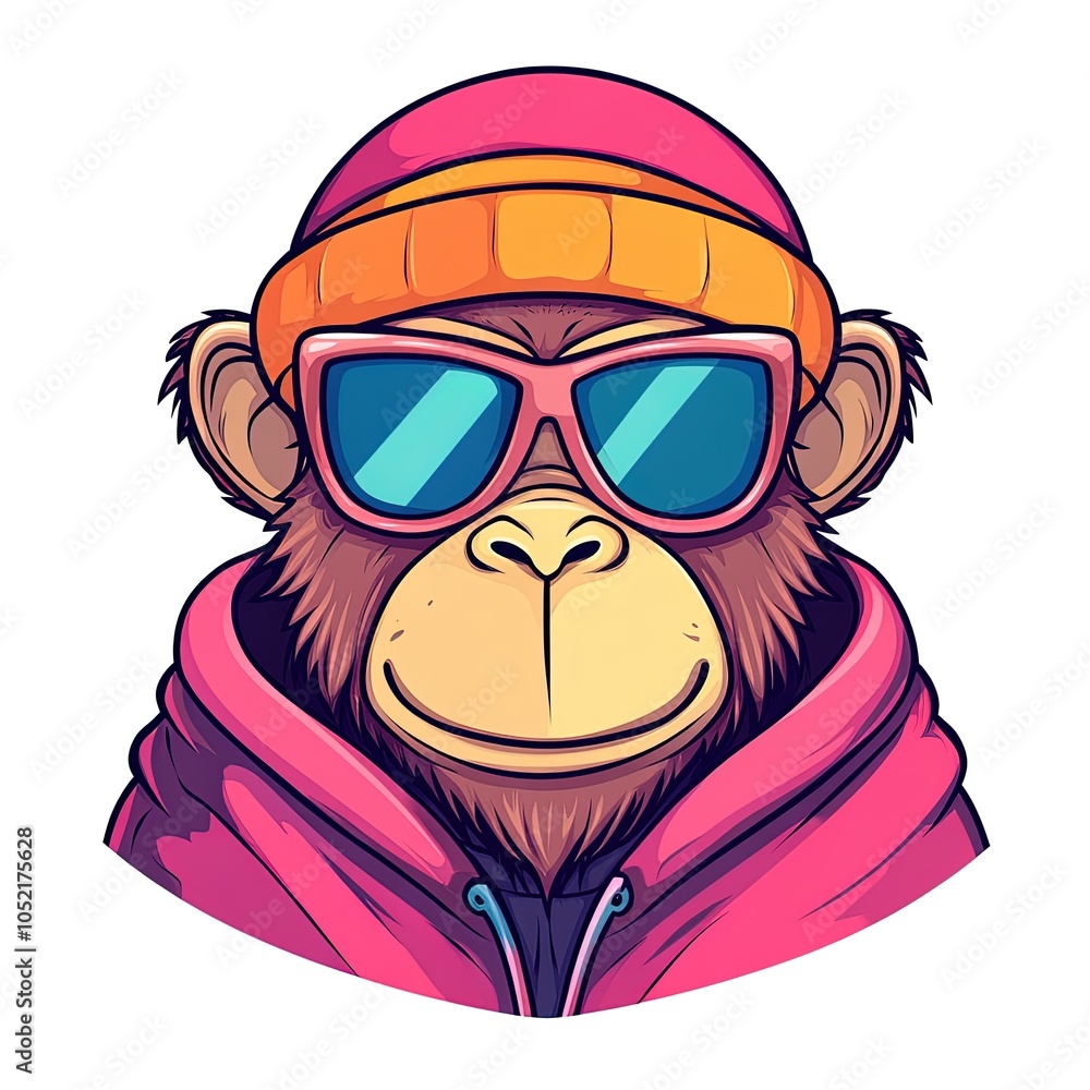 Naklejka premium Cool monkey wearing sunglasses and pink hoodie