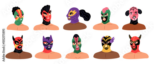 Mexican wrestlers portraits in masks. Professional Lucha Libre show participants. Latin fighters in bright costumes. Wrestling luchador. Fistfight athletes faces. Garish vector set