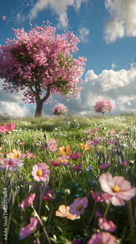 A serene landscape featuring blooming trees and vibrant flowers under a blue sky.