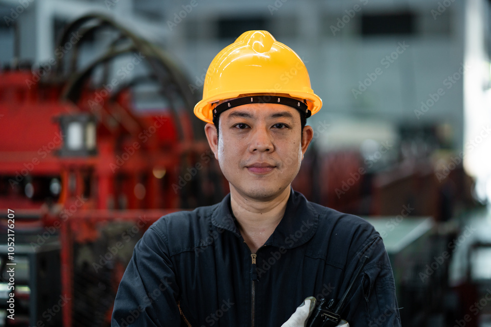 A man wearing a yellow hard hat and a black shirt is posing for a picture. He looks serious and focused A man wearing a yellow hard hat and a black shirt is posing for a picture. He looks serious and focused