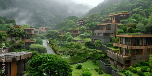 A serene landscape featuring modern homes integrated into lush greenery and mountains.