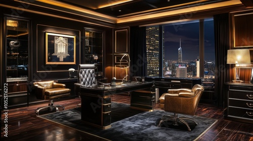 Luxury Executive Office with Dark Sophisticated Decor, Leather Chairs, and Panoramic Night City View