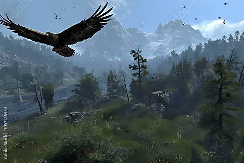 A serene landscape featuring mountains, trees, and an eagle soaring in the sky.