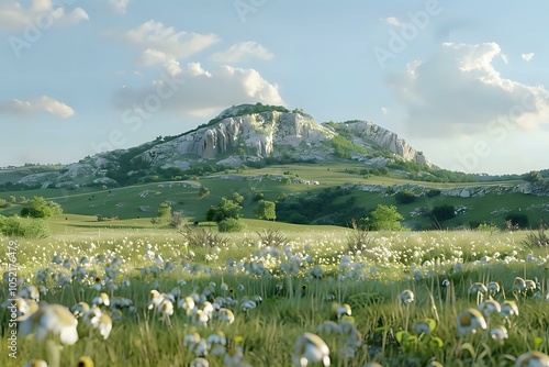 A serene landscape featuring rolling hills, rocky formations, and a field of flowers.