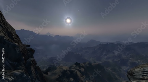 A serene mountain landscape under a twilight sky with a bright celestial body.