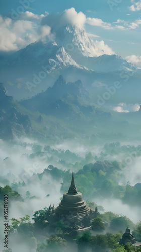 A serene landscape with mountains, mist, and a temple, evoking tranquility and nature's beauty.