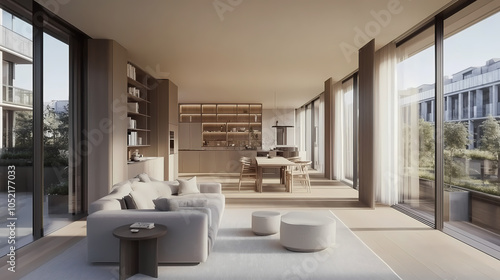 Bright Scandinavian-style living room featuring light wood flooring, a sleek gray sofa, and minimal decor on open shelving