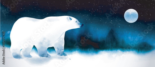 Watercolor-style illustration of a white polar bear under a starry night sky, with a bright full moon. Traditional oriental ink painting sumi-e, u-sin, go-hua.