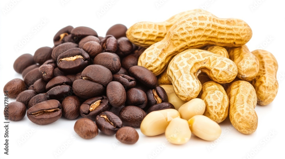 A pile of roasted coffee beans and peanuts arranged together. A pile of roasted coffee beans and peanuts arranged together.