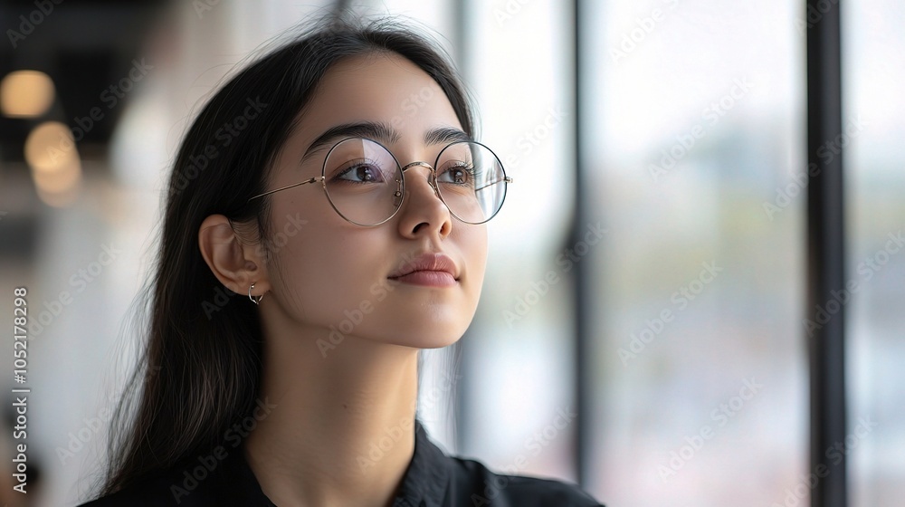 Young Woman in Glasses Contemplating by a Window Young Woman in Glasses Contemplating by a Window
