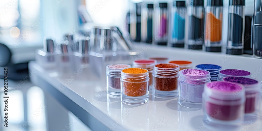 A range of permanent makeup pigments and tools displayed in a beauty studio. A range of permanent makeup pigments and tools displayed in a beauty studio.