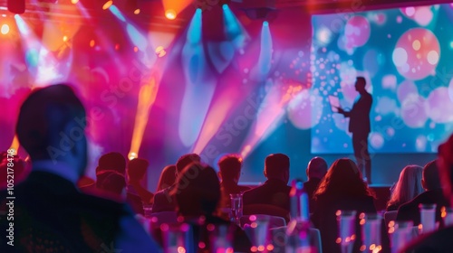 Vibrant Product Launch Event, showcasing enthusiastic attendees, dynamic on-stage presentation, bold branding visuals, creating an engaging atmosphere of excitement and innovation.