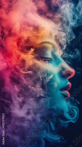 Colorful smoke forming faces fluid dynamics dreamlike quality mesmerizing abstract design. AI generated
