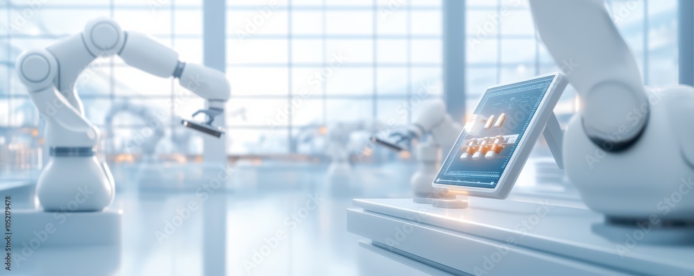 Futuristic robotic arms and touchscreen interface in a modern industrial environment, showcasing automation and technology. Futuristic robotic arms and touchscreen interface in a modern industrial environment, showcasing automation and technology.