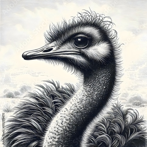Black and white portrait of a ostrich. Drawing, sketch.