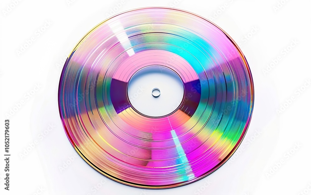 Reflective holographic round CD isolated on white background. Y2K millenium 2000s era, retro futurism, nostalgic past, reminiscence, yearning, surrealism, optical illusion, hologram, unreal, ethereal. Reflective holographic round CD isolated on white background. Y2K millenium 2000s era, retro futurism, nostalgic past, reminiscence, yearning, surrealism, optical illusion, hologram, unreal, ethereal.