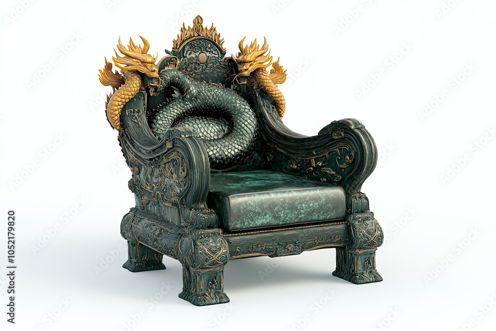 glowing dark green and gold wooden throne with dragon intricate carvings on arm on white background glowing dark green and gold wooden throne with dragon intricate carvings on arm on white background