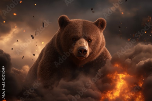 Brown Bear in Fire and Smoke. photo