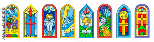 Cathedral stained glasses. Biblical stories from colored mosaics. Christian religious church windows. Christianity architecture. Arch windowsill art. Orthodoxy chapel. Garish vector set