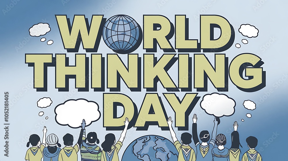 Obraz premium Group of People Celebrating World Thinking Day with Globes and Thought Bubbles