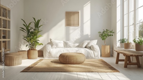 Bright, airy living room with white sofa and wicker furniture, complemented by lush green plants and soft natural lighting. photo