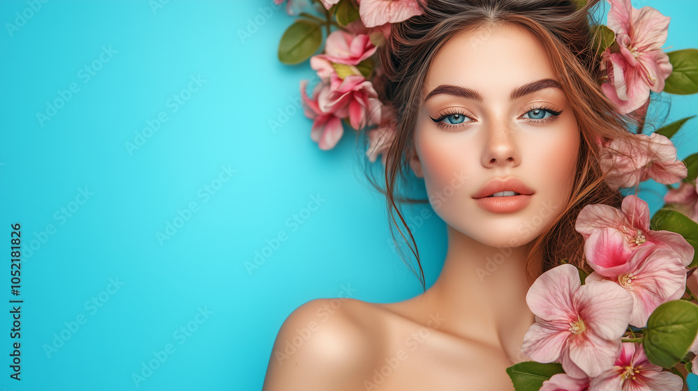 Fototapeta premium Young woman with clean makeup, flowers around her profile on blue background with copy space