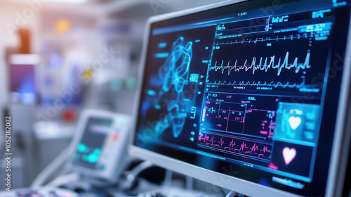 close up of computer screen displaying vital signs and medical data in healthcare setting, showcasing advanced technology and monitoring systems