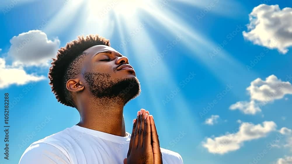 A Black man with closed eyes and bowed head, hands in prayer, standing ...