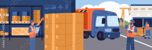 Cargo delivery. Goods loading and distribution process. Logistics hub. Freight transportation. Containers loaders. Technics lifting boxes. Warehouse with shelving. Garish vector concept