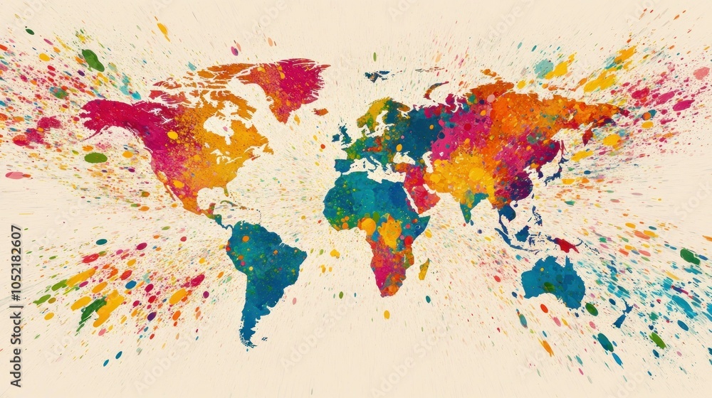 Obraz premium A colorful world map with splashes of paint, representing global diversity and creativity.